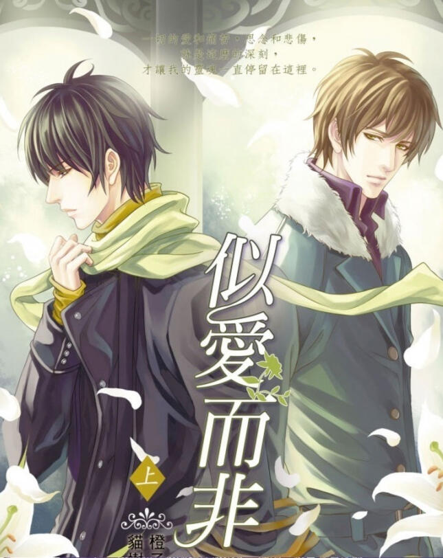 First volume cover of Like Love But Not, with Luo Yuchen on the left looking down and Xiao Heng on the right looking back at him. The two are separated by the title of the novel.